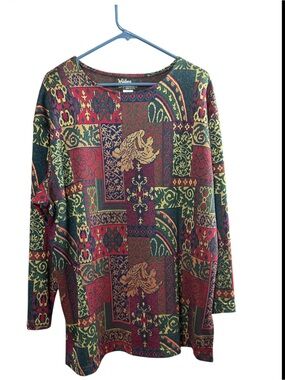 VTG Silver Threads  Abstract Boho Pattern Long Sleeve Top w/ Shoulder Pads - L